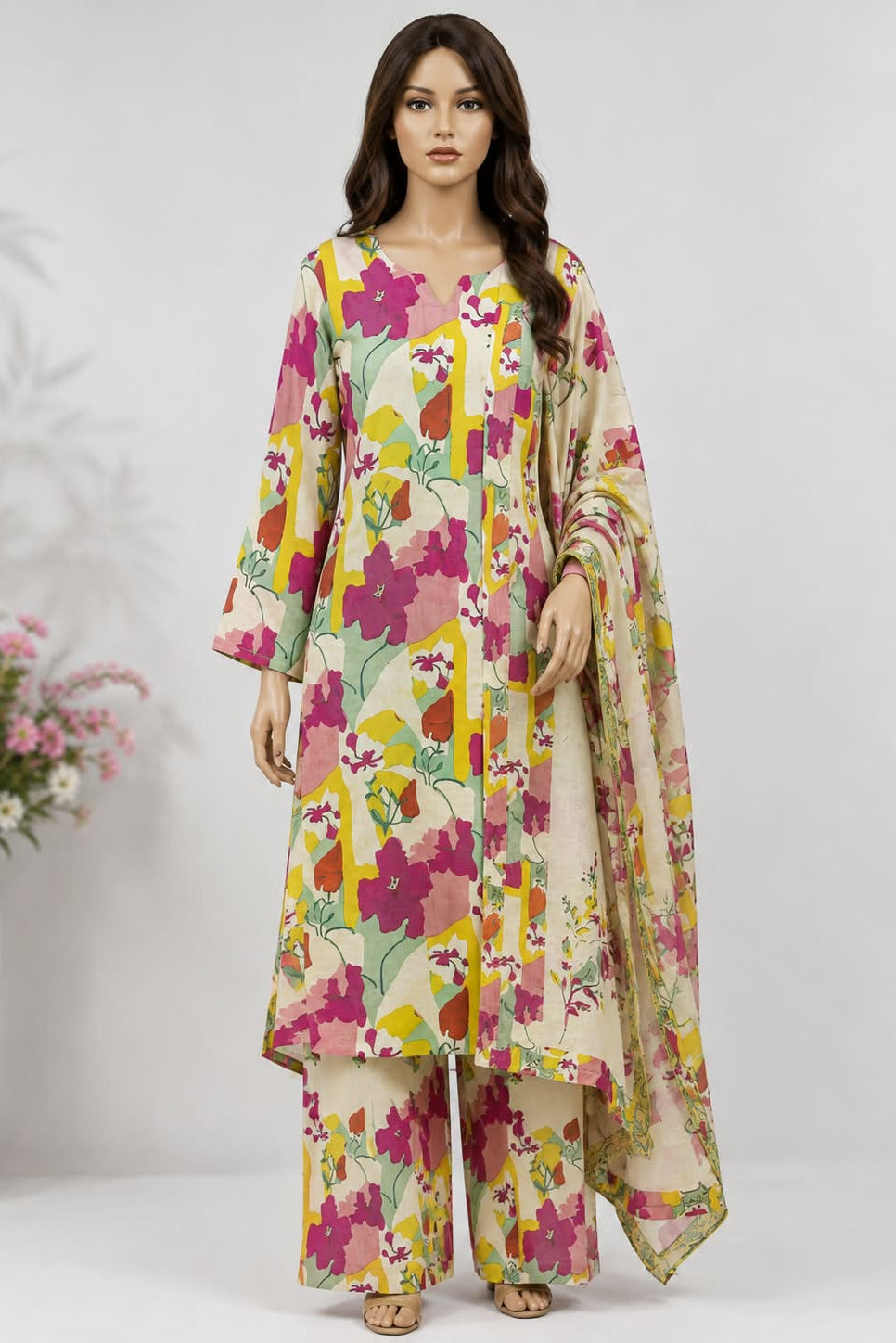 Cotton Floral Print Top Bottom and Dupatta | Unstitched | Floral Multicolor