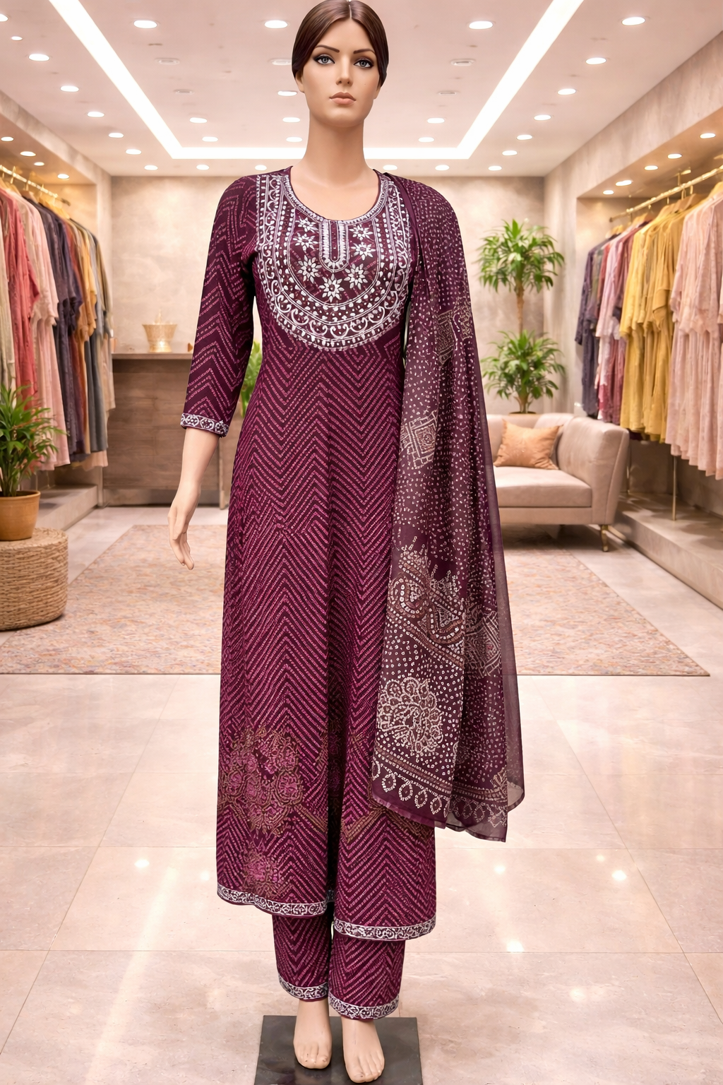 Bandhani Print Frock Suit with Neck Work