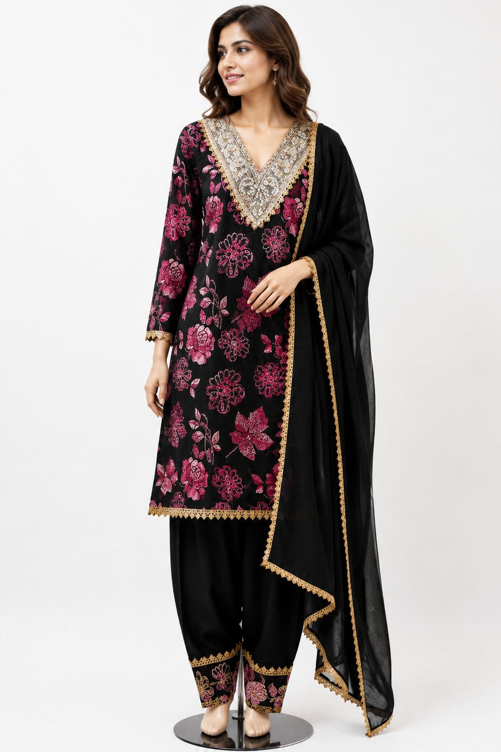 Rayon Foil Print | Neck Hand Work | Farshi Salwar | ReadyMade | Black Floral