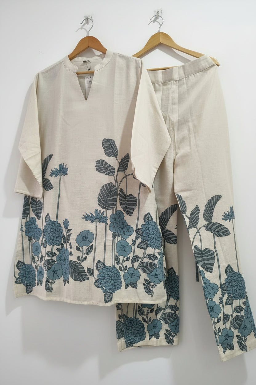 Khadi Cotton Cord-Set with Blue flower Pattern