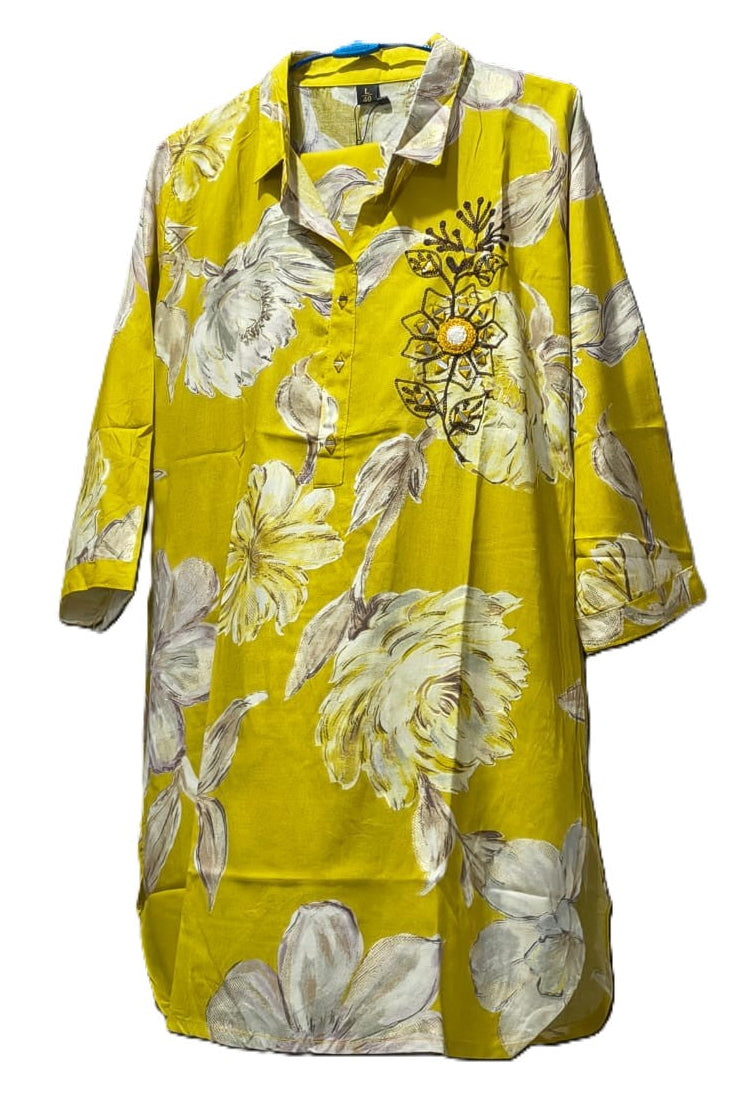 Rayon Cotton Printed Cord-Set with Collar - Mustard