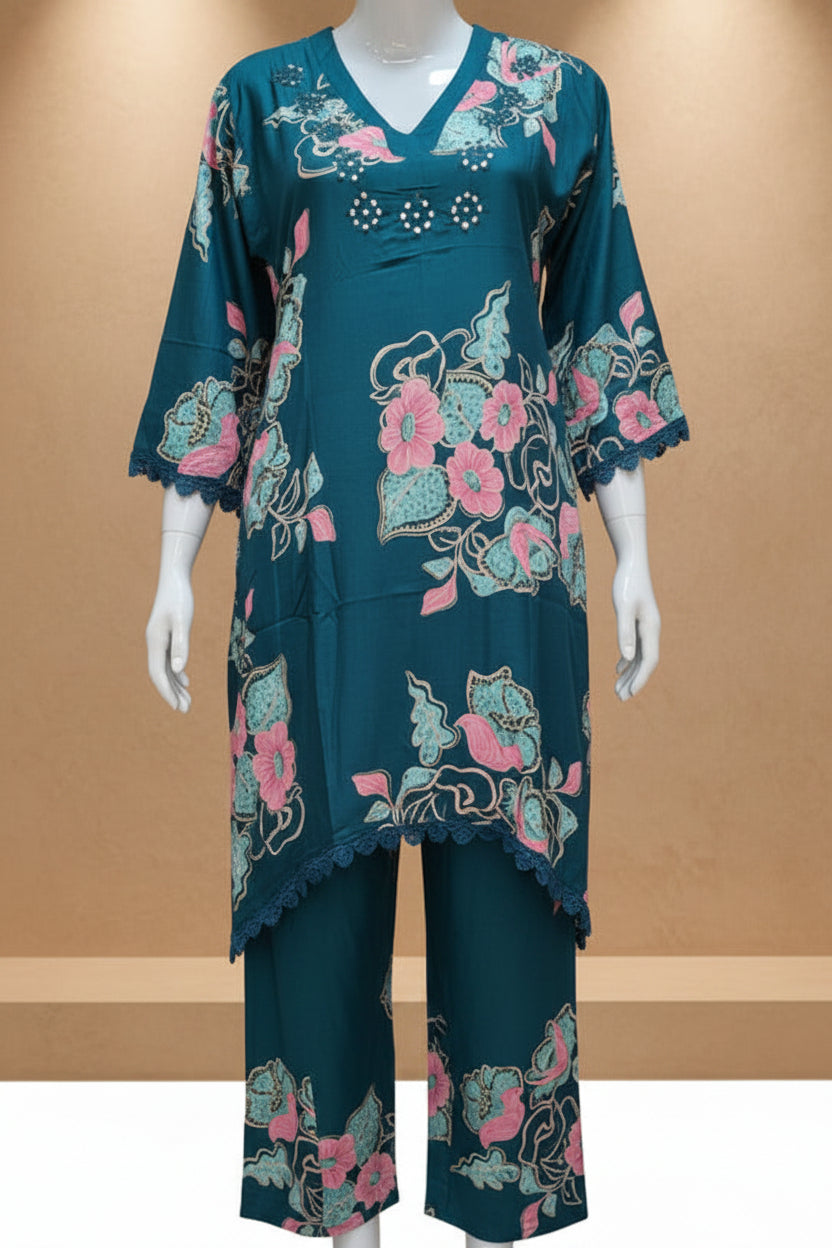C-Cut Rayon Cotton V-Neck Cord-Set with Floral Print and Pockets