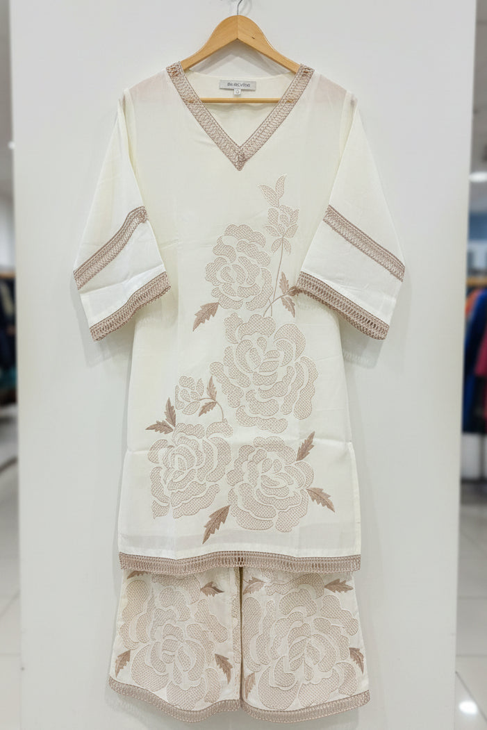 Elegant Cord-Set with Neck, Sleeves and Bottom Embroidery