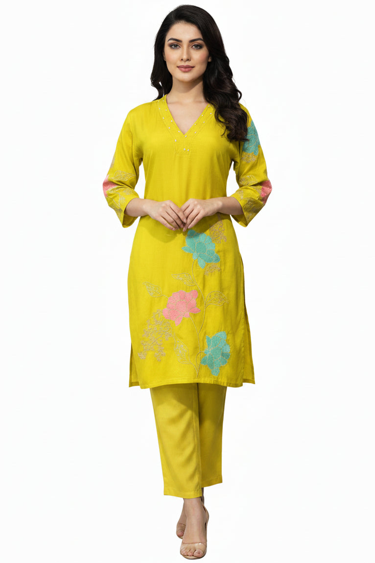 Roman Silk V-Neck Cord-Set with Floral Embroidery - Mustard