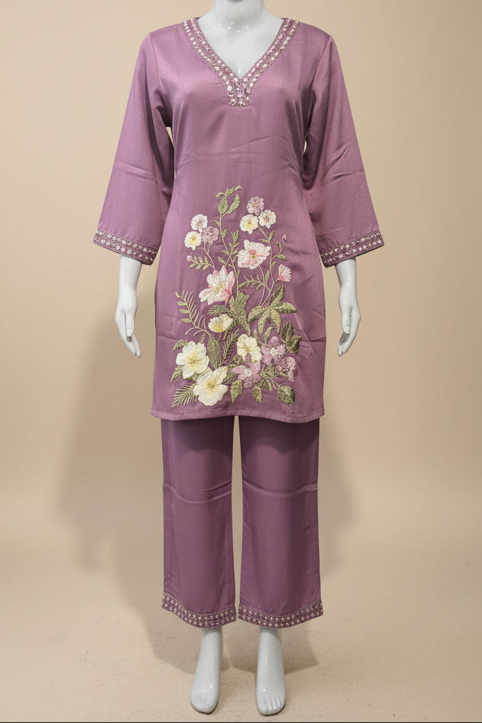 Soft Silk V Neck Cord-Set with Thread Embroidery