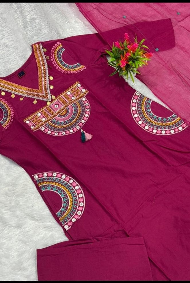 Cotton Suit with Beautiful Embroidery and Side pockets
