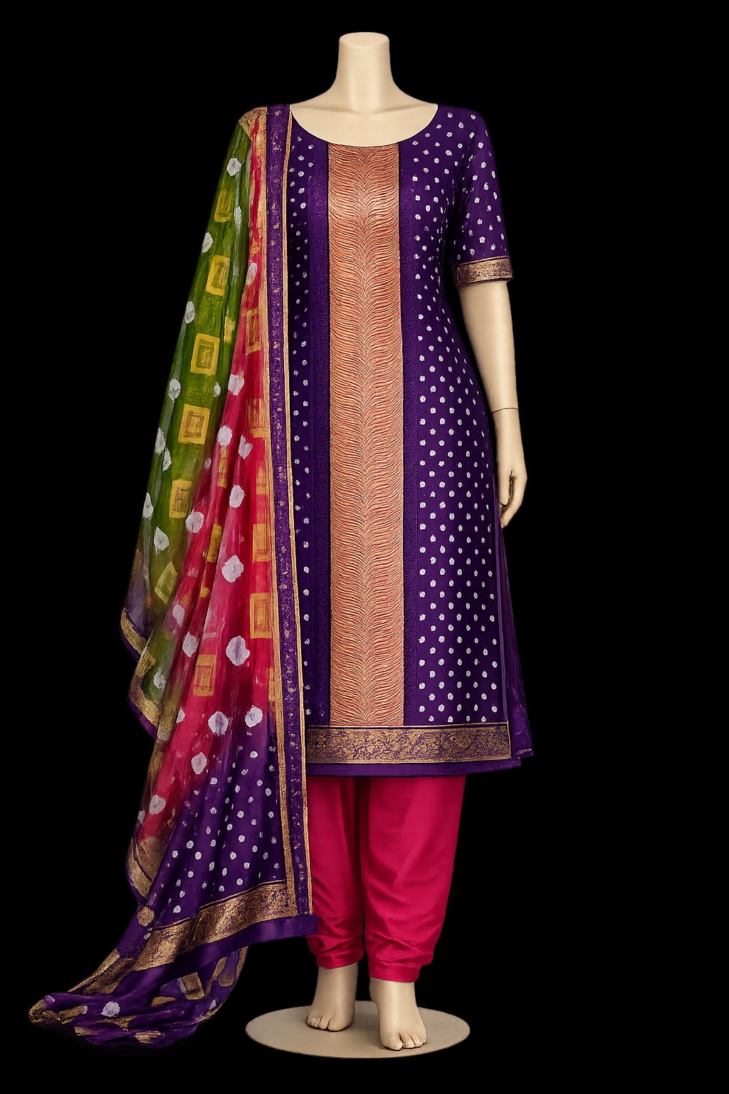Bandhani Print with Zari and Mirror Work - | Unstitched | Purple & Pink