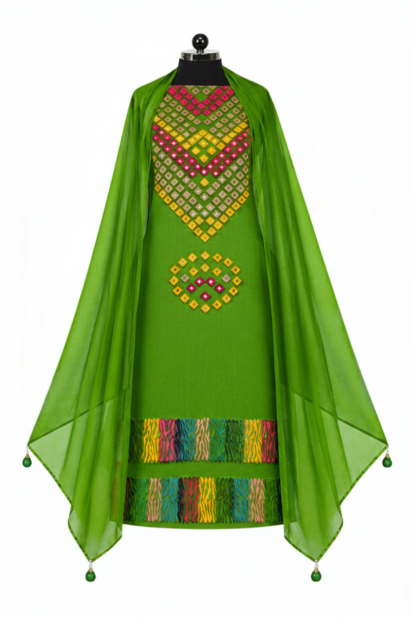 Pure Cotton Designer Suit with Handwork  | Unstitched | Green