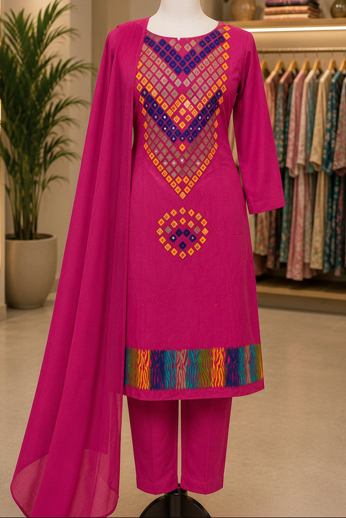 Pure Cotton Designer Suit with Handwork  | Unstitched | Magenta