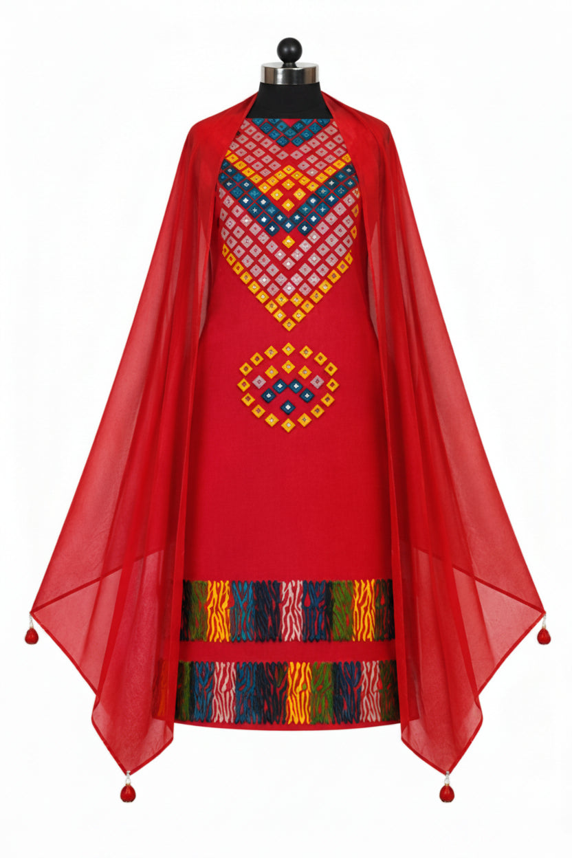 Pure Cotton Designer Suit with Handwork  | Unstitched | Red