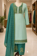Crepe with Neck Embroidery | Sequence Work Dupatta | Unstitched | Light Green & Dark Teal