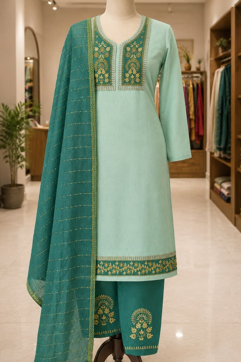 Crepe with Neck Embroidery | Sequence Work Dupatta | Unstitched | Light Green & Dark Teal