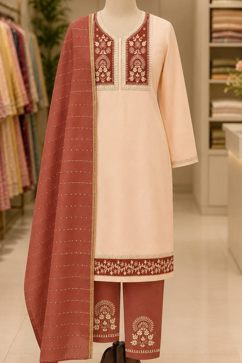 Crepe with Neck Embroidery | Sequence Work Dupatta | Unstitched | Light Orange & Brown