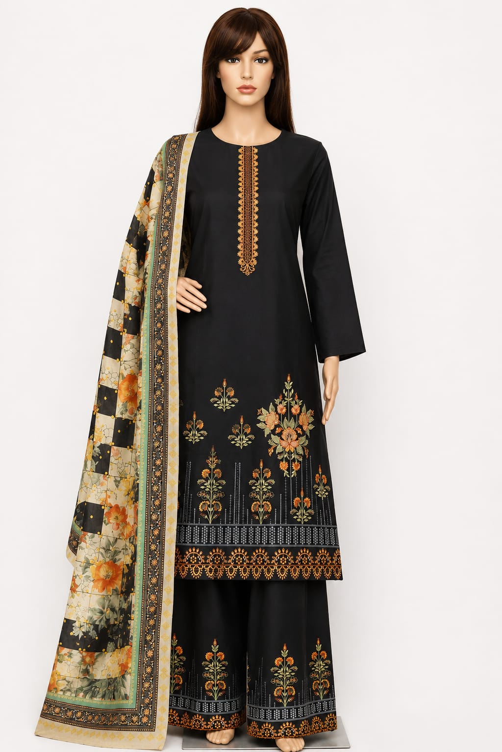 Heavy Rayon  | Thread Embroidery | Muslin Digital Print Dupatta |Unstitched | Jet Black