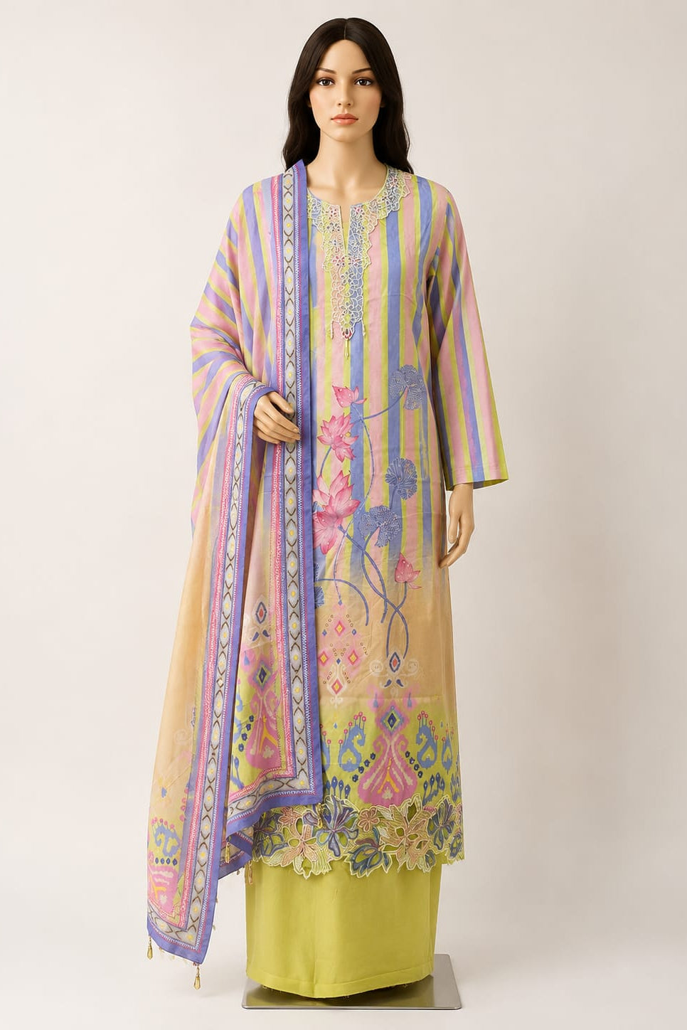 Muslin Digital Print | Tread Work | Cut Work | Rayon Bottom | Muslin Print Dupatta | Unstitched | Multicolor