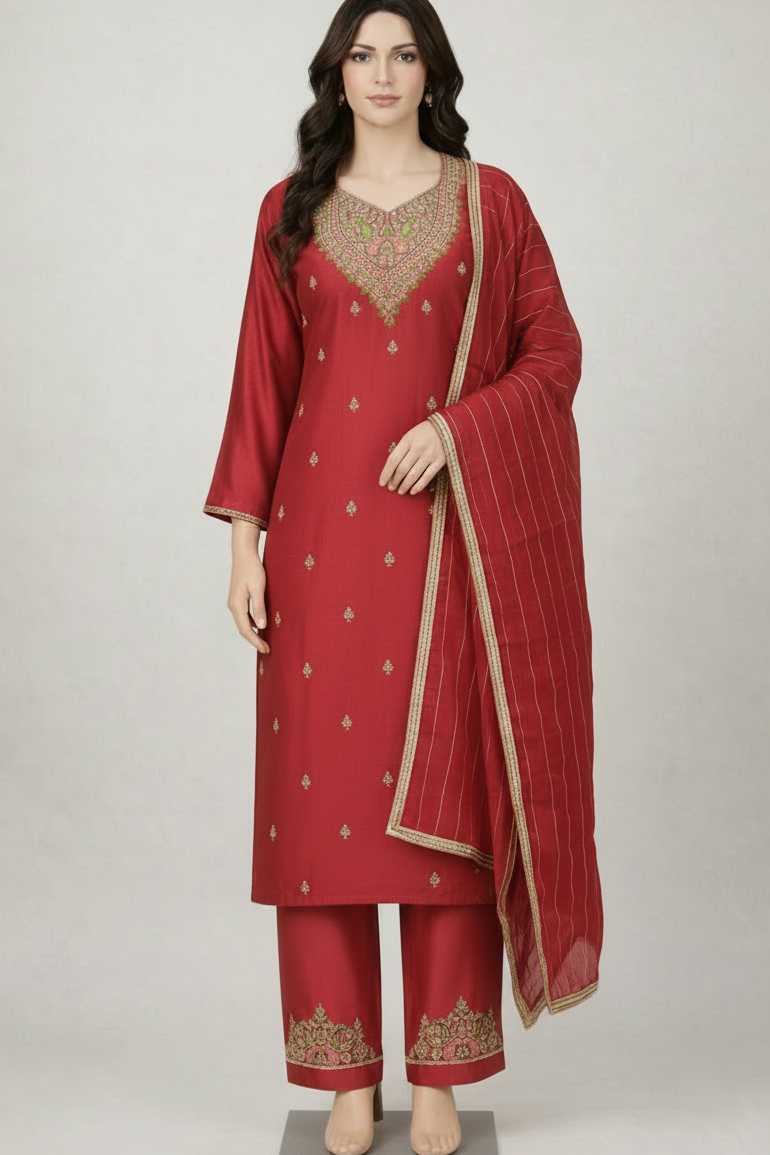 Tissue Shimmer with Elegant Neck and Bottom Work | Unstitched |
