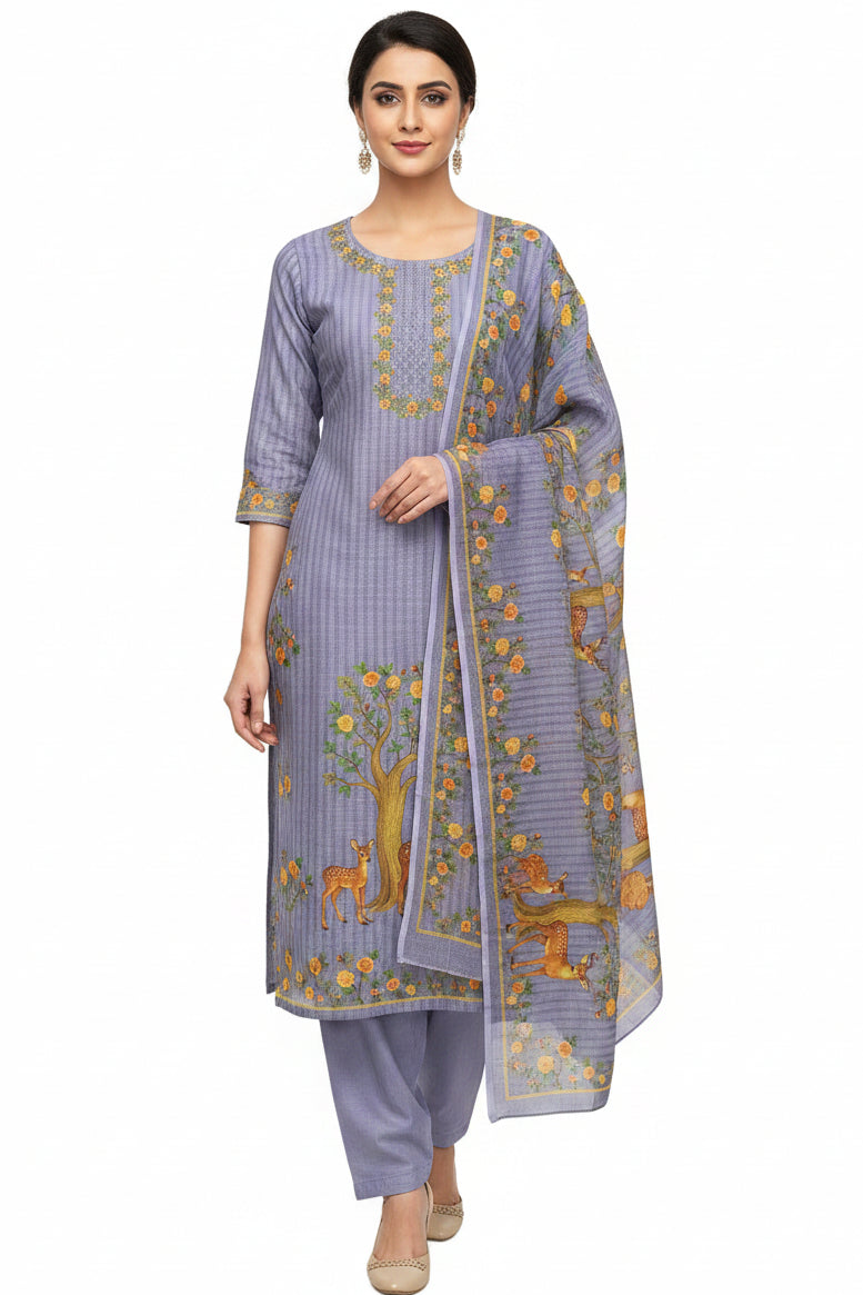 Linen Cotton | Figure Print | Linen Dupatta | Seroski Work | Unstitched - Lavender