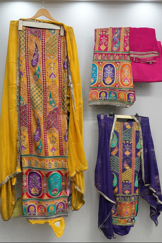 Colorful traditional outfits with digital print and heavy embroidery