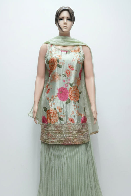 ReadyMade Dress | Viscose Silk Floral with Handwork and Pleated Skirt