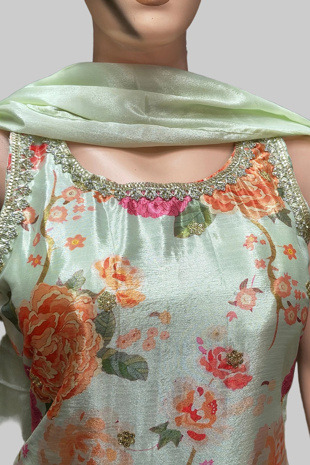 ReadyMade Dress | Viscose Silk Floral with Handwork and Pleated Skirt