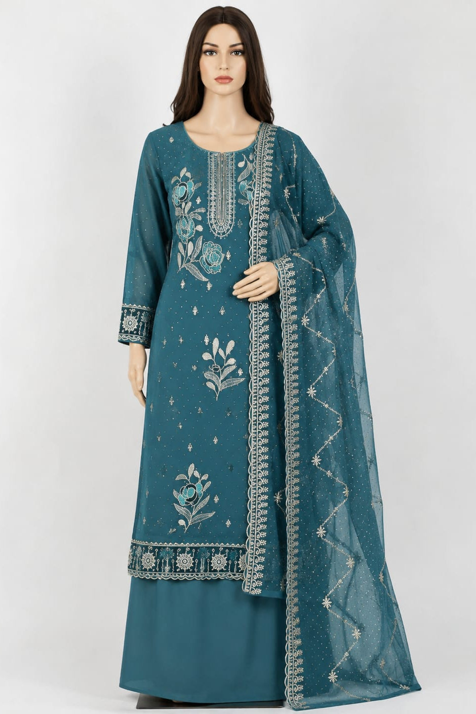 Georgette with Seroski and Embroidery - | Unstitched | Teal Blue