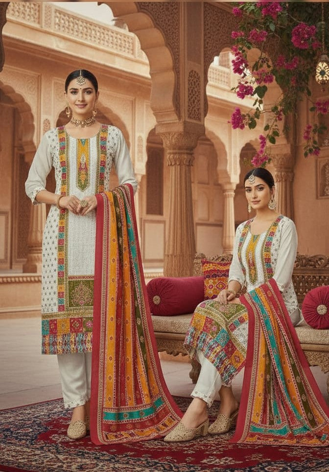 Gerogette with Mirror Work and Print Dupatta