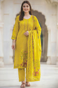 Linen Cotton | Figure Print | Linen Dupatta | Seroski Work | Unstitched - Mustard