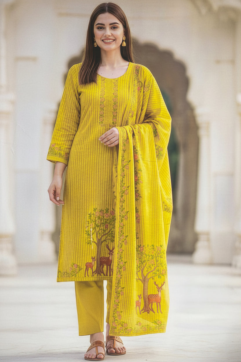 Linen Cotton | Figure Print | Linen Dupatta | Seroski Work | Unstitched - Mustard