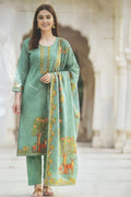 Linen Cotton | Figure Print | Linen Dupatta | Seroski Work | Unstitched - Green