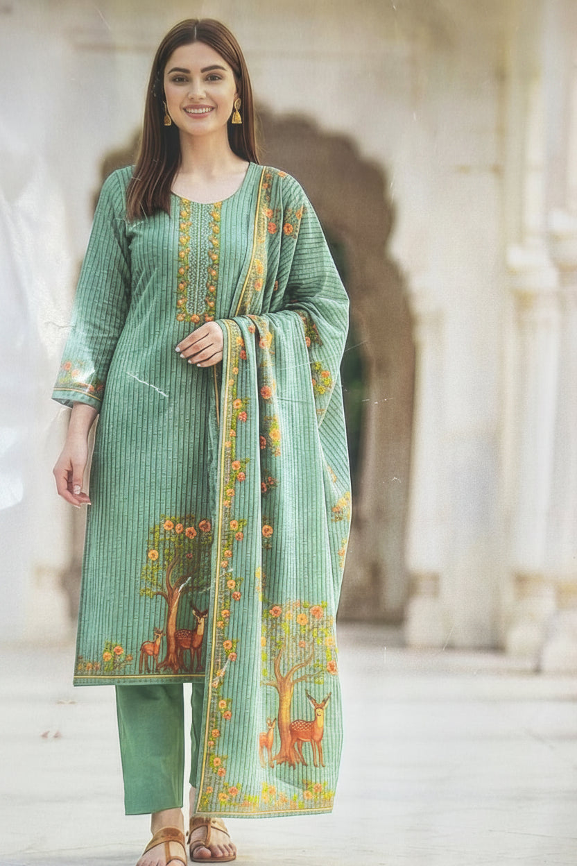 Linen Cotton | Figure Print | Linen Dupatta | Seroski Work | Unstitched - Green
