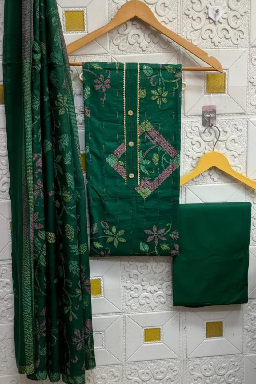 Cotton Sequence Work | Cotton Dupatta | Neck Buttons | Unstitched - Bottle Green