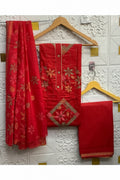 Cotton Sequence Work | Cotton Dupatta | Neck Buttons | Unstitched - Red