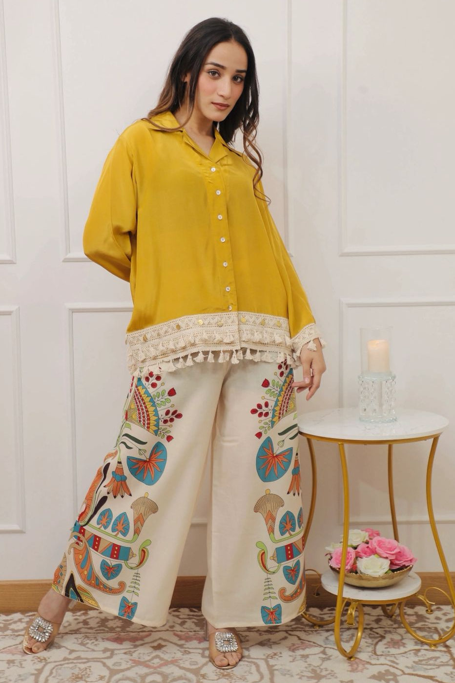 Designer Cord-Set | Collar Style | Front Open | Khadi Cotton | Lace Work| Print Plazo - Yellow