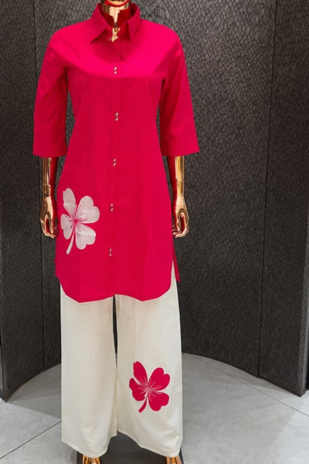 Cotton Designer Cord-Set | Collar Style | Floral Embroidery| Embroider Plazo - Vibrant Pink