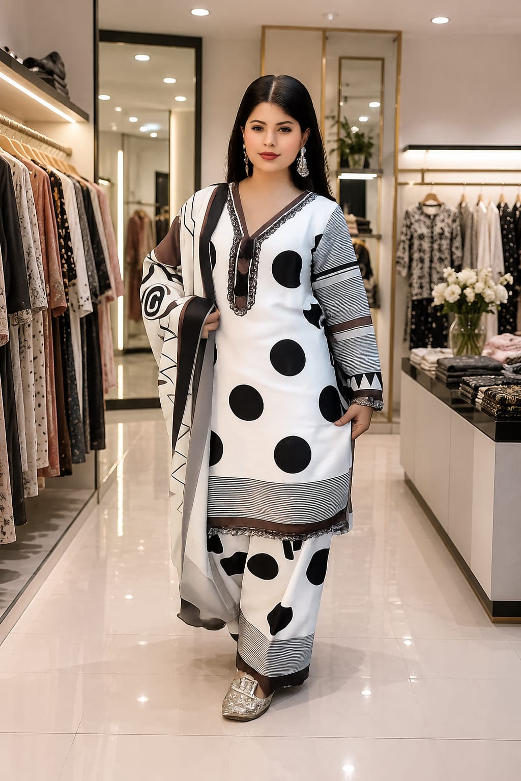 Armani Satin  | Polka Dots| V Neck | Farshi Salwar | ReadyMade - Coffee & White