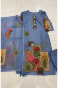 Linen Cotton | Thread Work| Neck Work | Linen Printed Dupatta | ReadyMade - Blue Grey