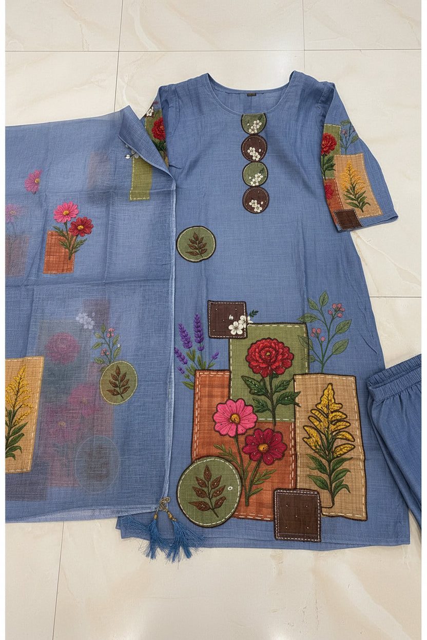 Linen Cotton | Thread Work| Neck Work | Linen Printed Dupatta | ReadyMade - Blue Grey