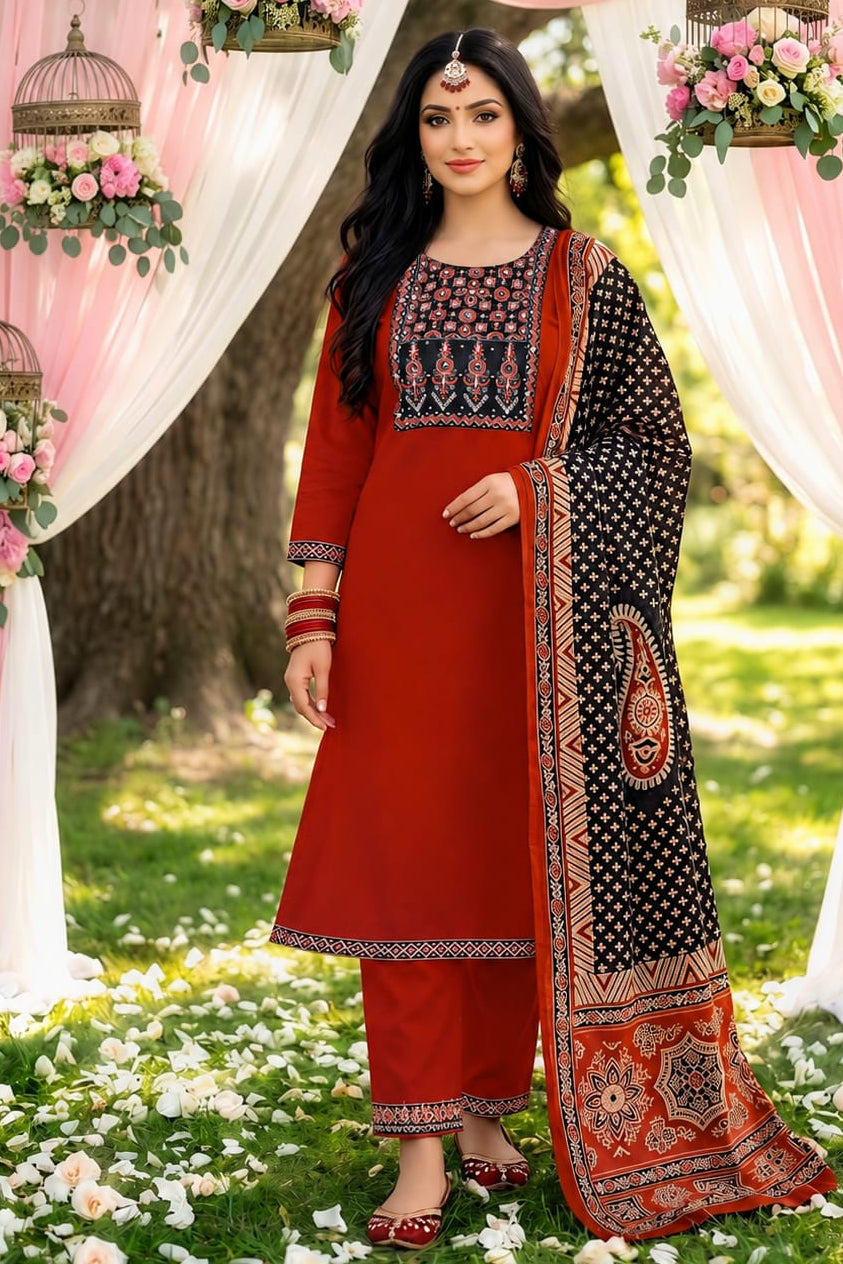 A-Line Dabu Cotton | Neck Work | Contrast Printed Dupatta | Side Pocket | Rust Color