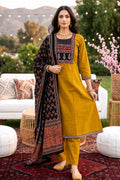 A-Line Dabu Cotton | Neck Work | Contrast Printed Dupatta | Side Pocket |Mustard Color