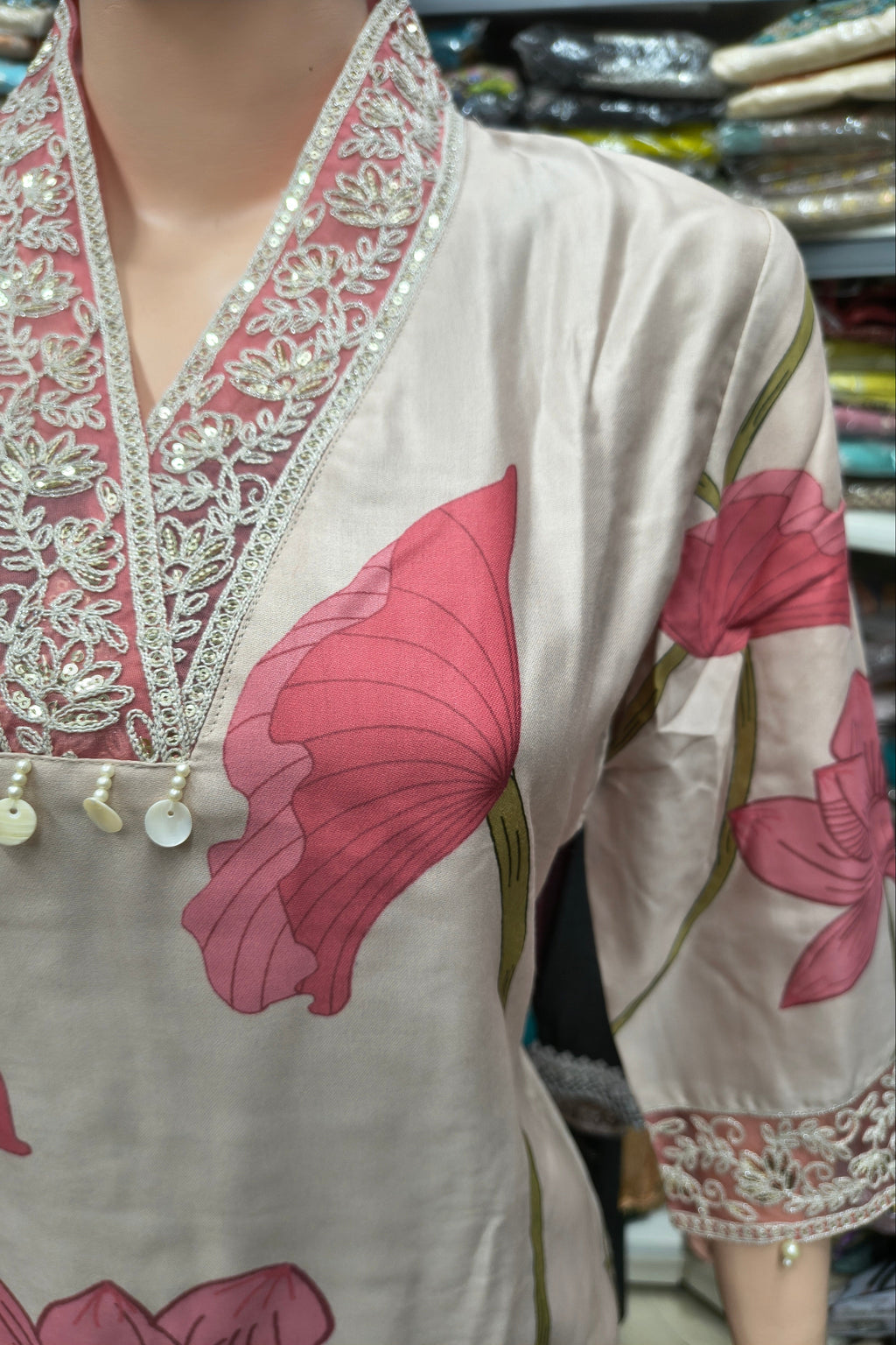 Roman Silk in Blooming Floral Print, Adorned with Delicate Tissue Lace