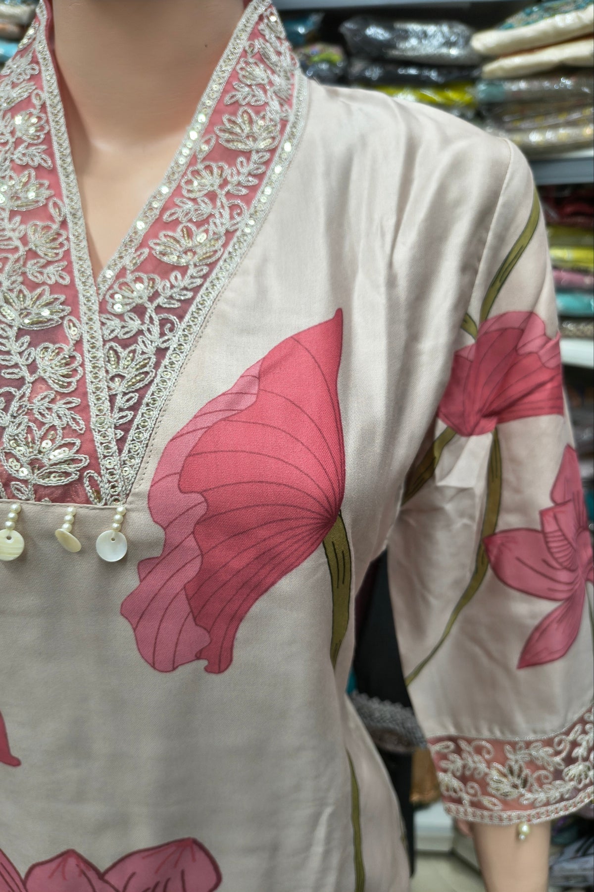 Roman Silk in Blooming Floral Print, Adorned with Delicate Tissue Lace