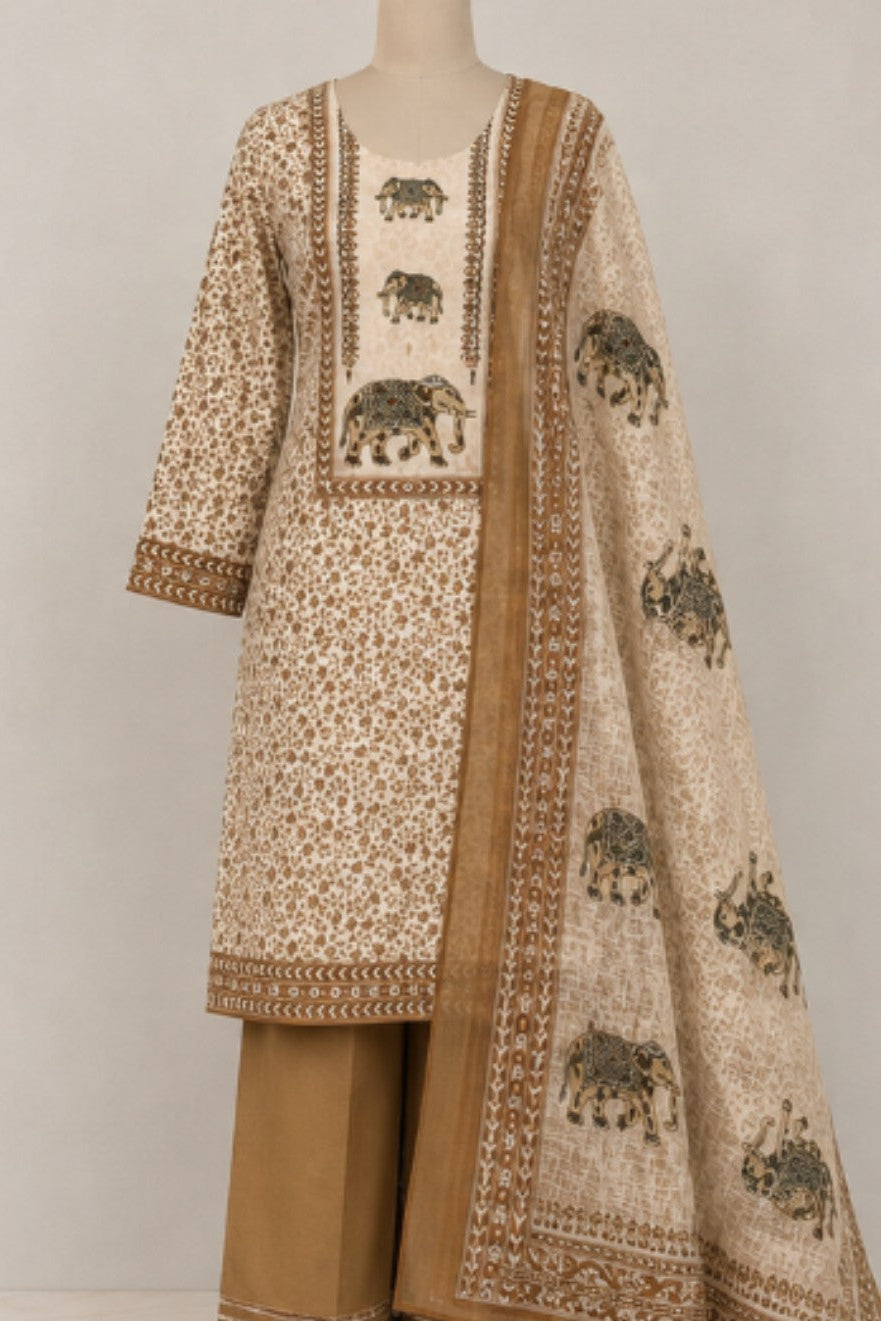Jaam Figure Print with Digital Print Dupatta - | Unstitched | Brown