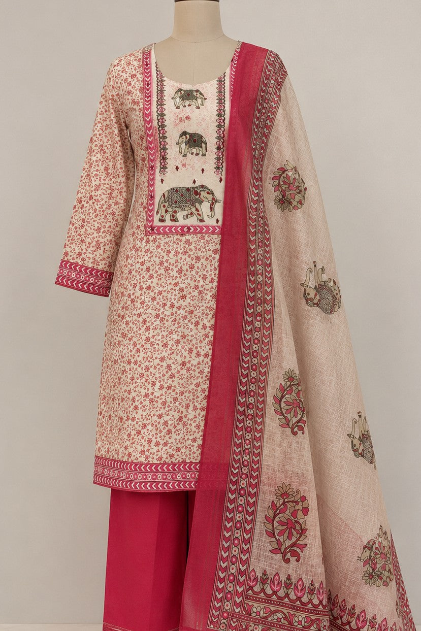 Jaam Figure Print with Digital Print Dupatta - | Unstitched | Magenta