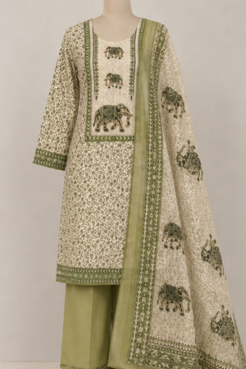 Jaam Figure Print with Digital Print Dupatta - | Unstitched | Mehndi