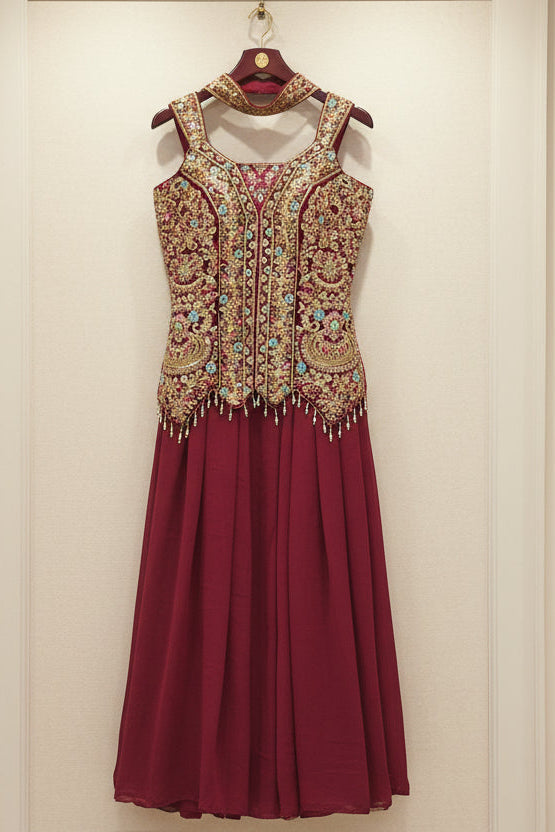 Maroon dress with gold embroidery