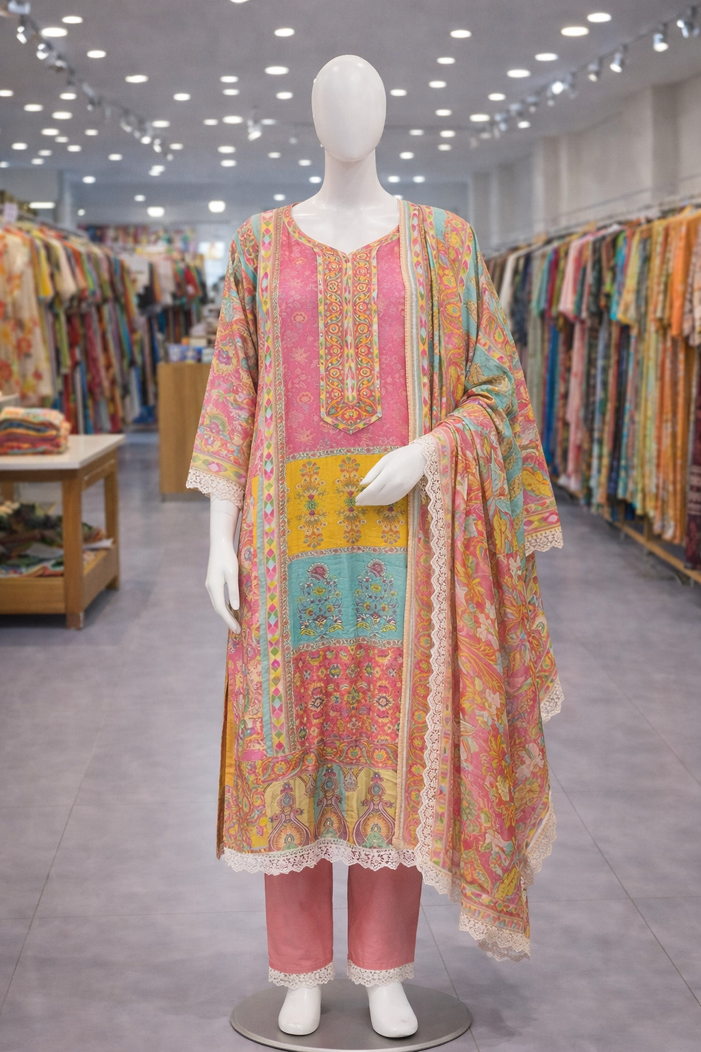 Muslin Digital Print with  Lace Work