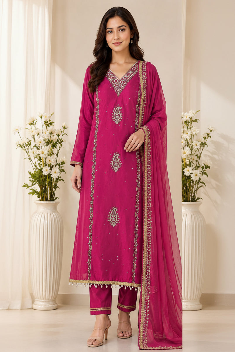 Organza V Neck with Heavy Handwork - | Unstitched | Magenta