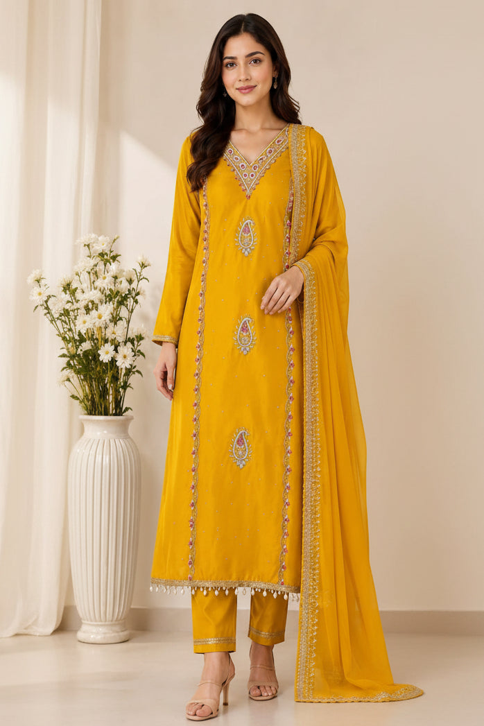 Organza V Neck with Heavy Handwork - | Unstitched | Yellow Color