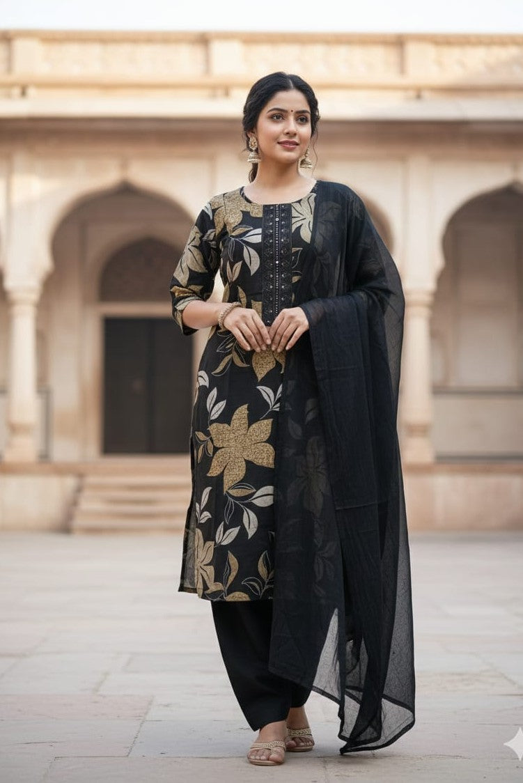 Floral Print Vertican Cotton with Neck Work
