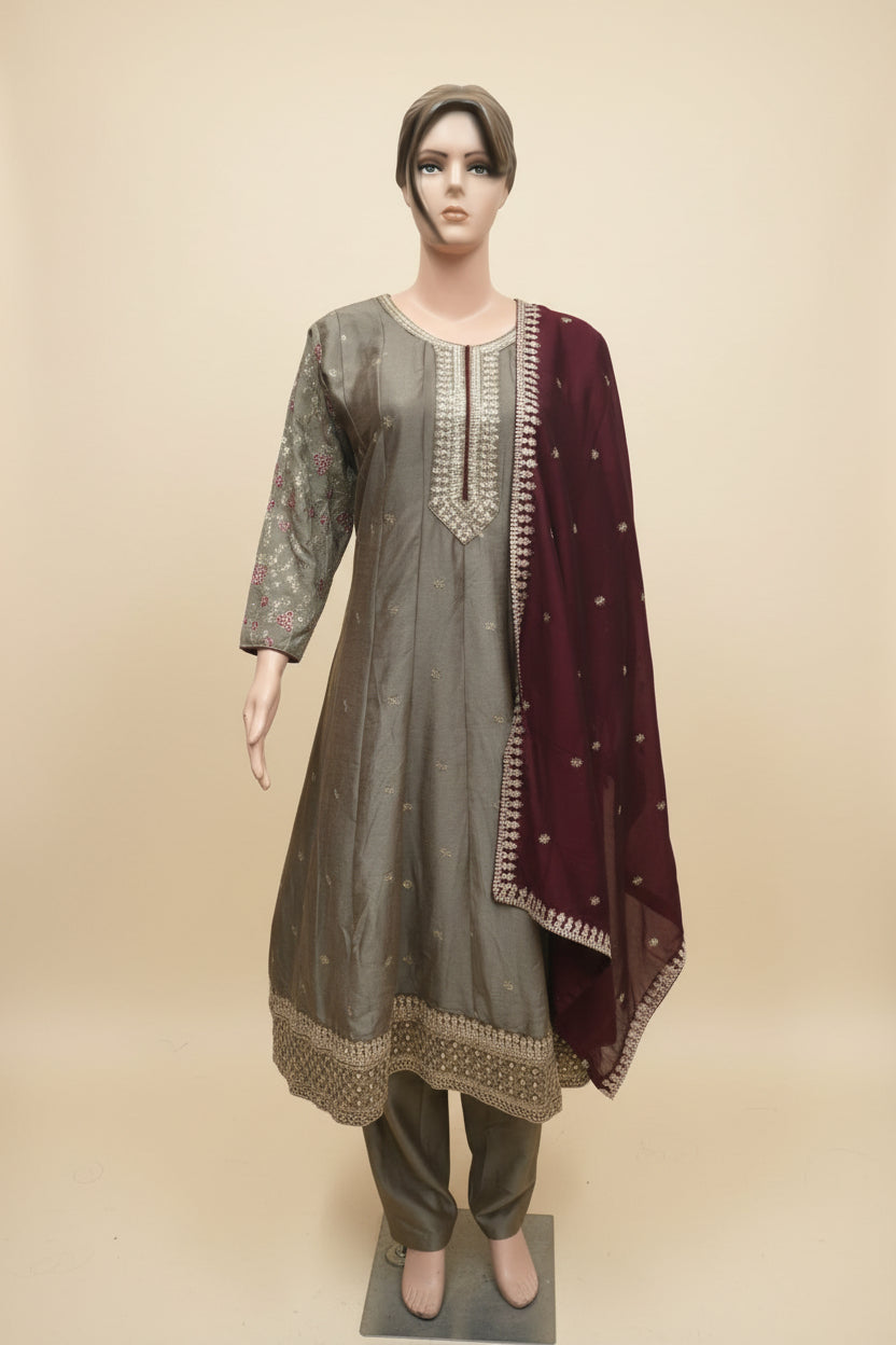 Chinnon Frock Suit with Embroidery And Chinnon Contrast Dupatta